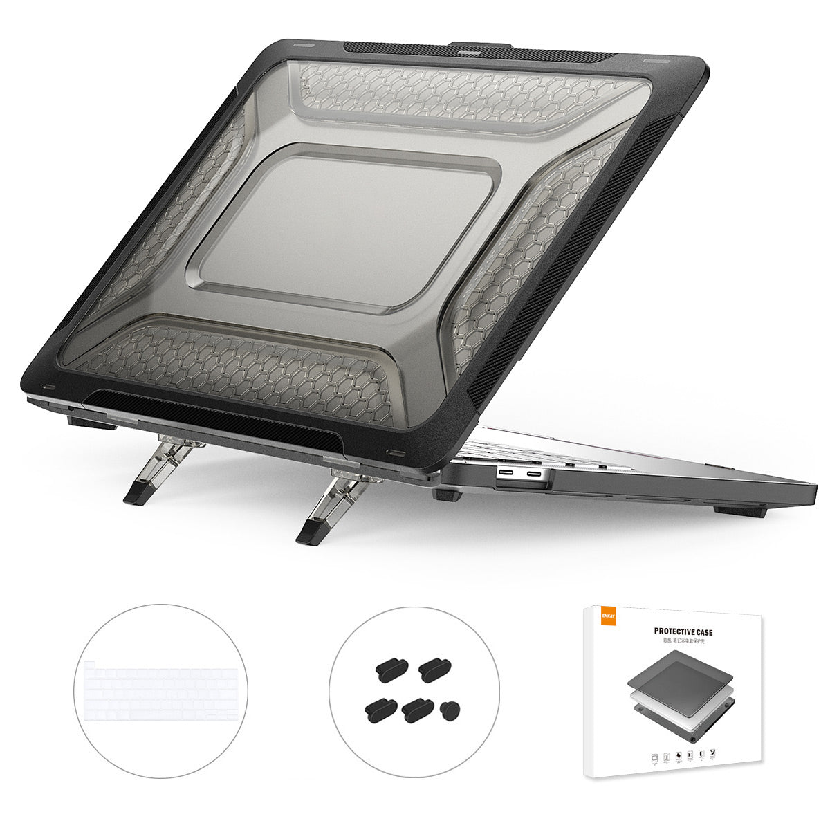for MacBook Pro 13 inch (2020) A2251 / A2289 / A2338 (US Version) Fold Kickstand Heat Dissipation Case Hard PC Cover with Clear TPU Keyboard Film + Anti-Dust Plugs - Black for MacBook Pro 13 inch (2020) A2251 / A2289 / A2338 (US Version) Fold Kickstand Heat Dissipation Case Hard PC Cover with Clear TPU Keyboard Film + Anti-Dust Plugs - Black